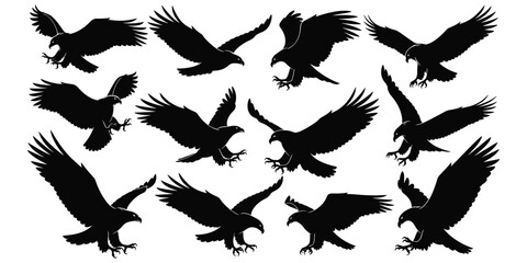 Naklejka premium Flat vector illustration of eagle silhouettes flying landing poses, majestic bird strength, wildlife design, national symbol, ornithology artwork