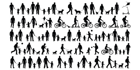 Family silhouette, children playing, adults walking, parents with kids, outdoor recreation, dog walking, cycling, scooter riding, kite flying, flat vector illustration