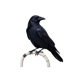 Fototapeta premium A sleek black crow perched gracefully on a thin branch isolated on transparent background