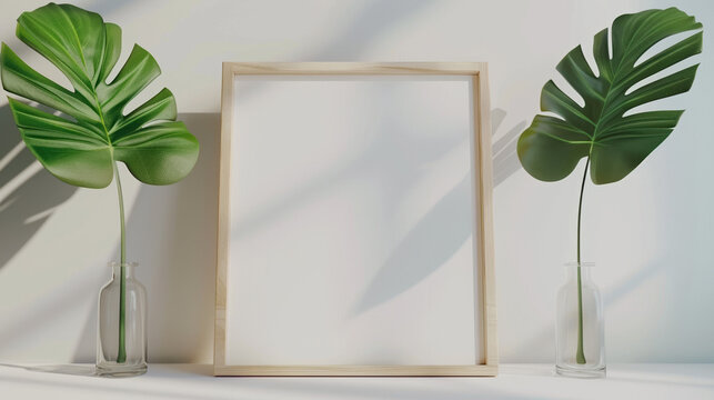 Wooden picture frame mockup sits between two tropical monstera leaves.