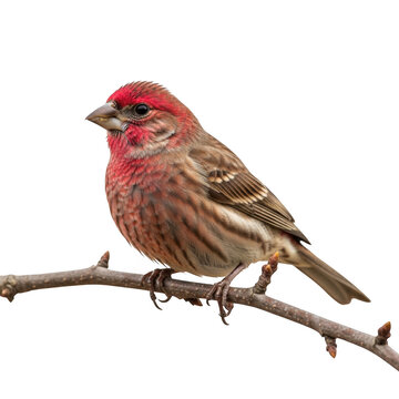 A vibrant purple finch perched on a thin branch with natural lighting isolated on transparent background