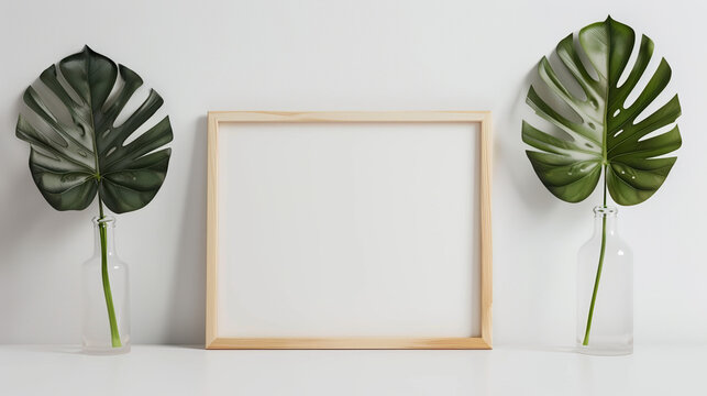 Horizontal wooden frame mockup sits between two monstera leaves in.