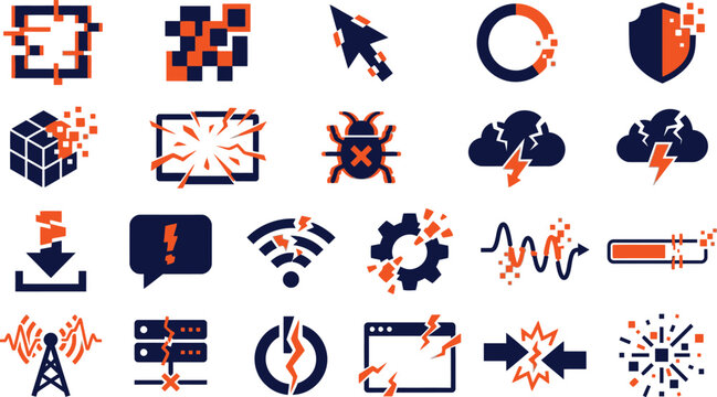 Collection of digital icons representing system errors, data corruption, crashes, and security threats.