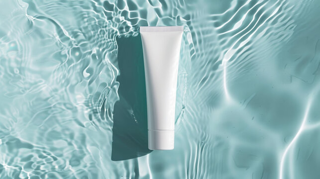White cosmetic tube rests on rippling blue water surface at top view.