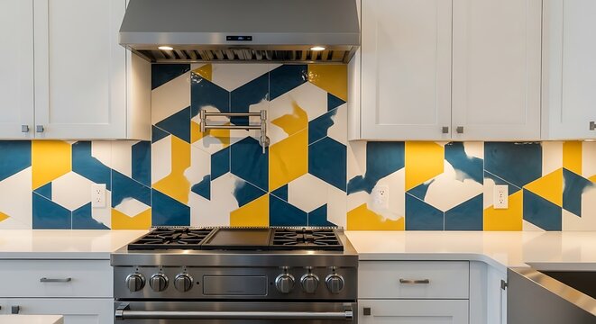 A modern kitchen with a colorful geometric tile backsplash and stainless steel appliances
