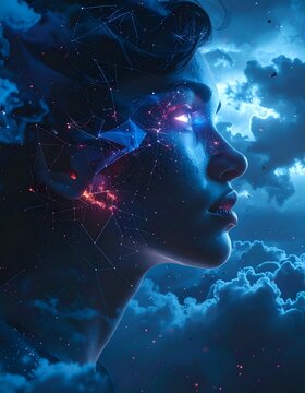 Celestial Portrait - A Womans Face Merged with Cosmic Clouds and Starlight.