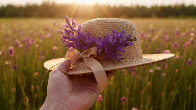 Hand holding a straw hat adorned with purple flowers in a sunlit field at sunset.