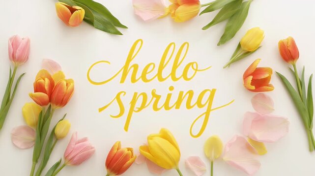 Hello Spring Calligraphy with Colorful Tulips and Petals on White Background.