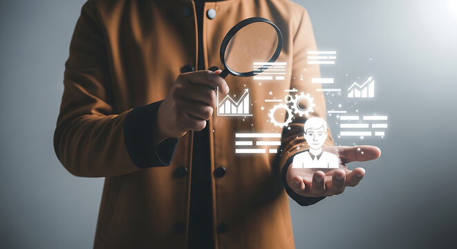 Magnifying glass over a person icon with graphs and gears, representing data analysis and human resources