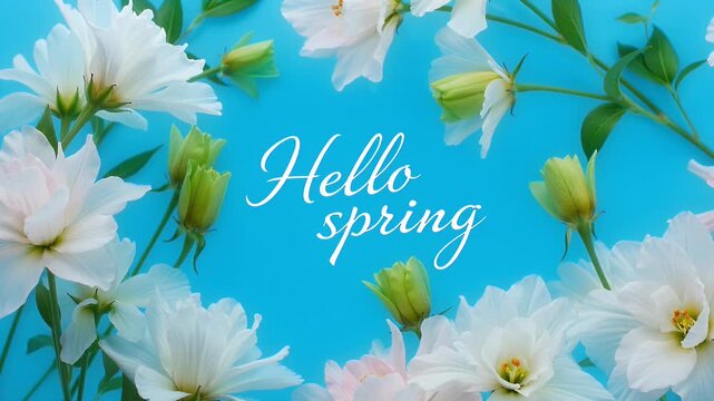Hello Spring - White Flowers Blooming on a Vibrant Blue Background, Celebrating the Arrival of Spring Season.