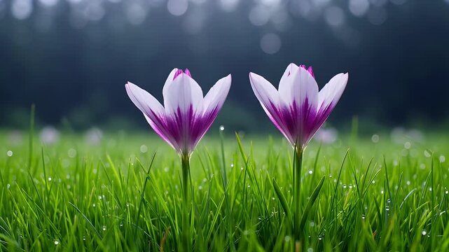 Two vibrant purple and white crocus flowers bloom in a lush green meadow, symbolizing the arrival of spring and new beginnings.