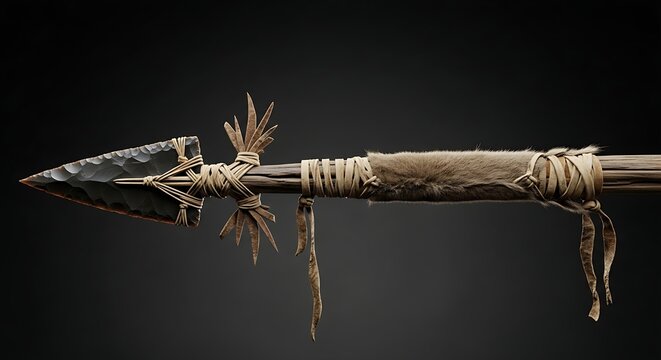 Ancient Hunting Tool Prehistoric Spear with Stone Arrowhead