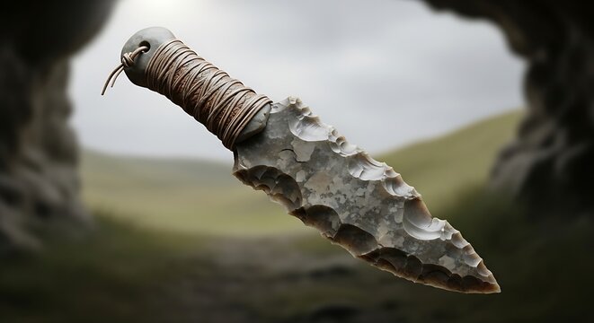 Prehistoric Stone Knife Ancient Hunting Equipment in Primitive Cave