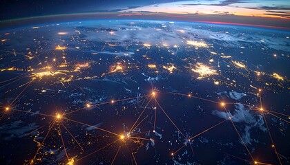 Obraz premium Earth from space with glowing network connections over cities.