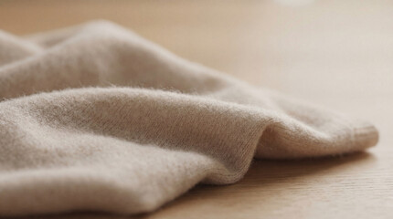 A close-up of soft beige cashmere fabric gently folded on a minimalist wooden surface.