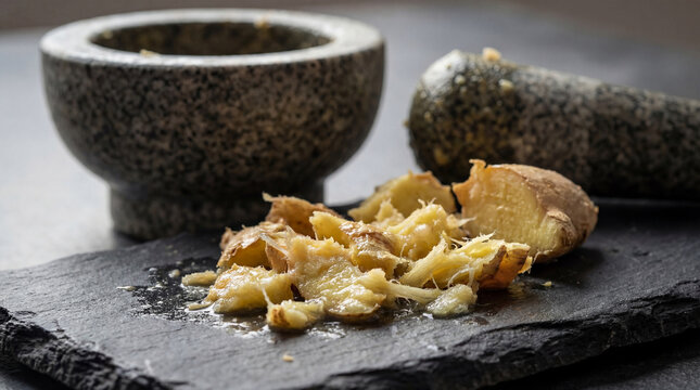 Close-Up of Freshly Pounded Ginger Root on Slate Surface