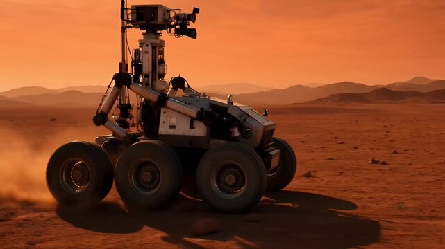Advanced robotic rover exploring the rugged, alien terrain of a distant red planet, embodying humanity's quest for scientific discovery in space