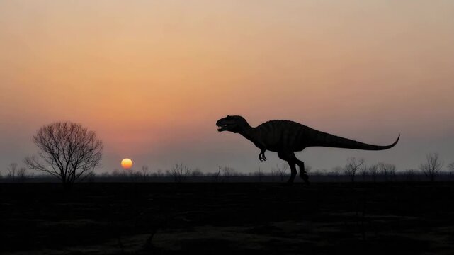Dinosaur silhouette walking in prehistoric landscape at sunset. Ancient jurassic world with a rex like creature moving.
