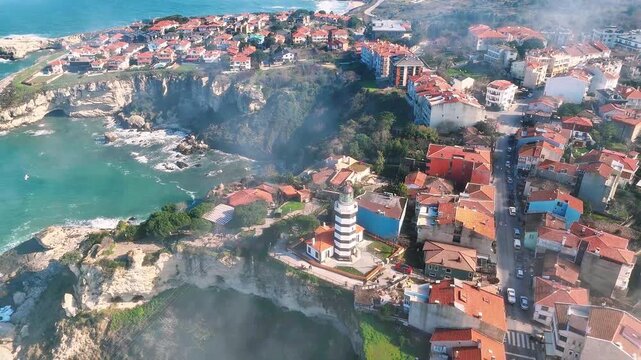 Sile drone video with its marina, lighthouse and charming beach in Istanbul, Turkiye.