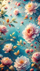 A photo of intricate watercolor floral pattern with delicate petals and leaves floating in a serene blue background