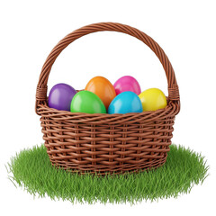 A brown wicker basket filled with colorful easter eggs on green grass isolated on transparent background