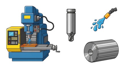 Cartoon of a blue and yellow milling machine with accessories