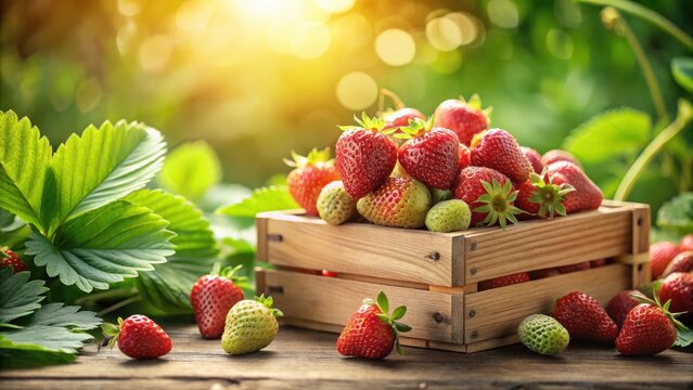 A photo of vibrant organic raw pink pineberries and juicy red strawberries, both nestled among fresh green leaves, with a natural wooden crate in th