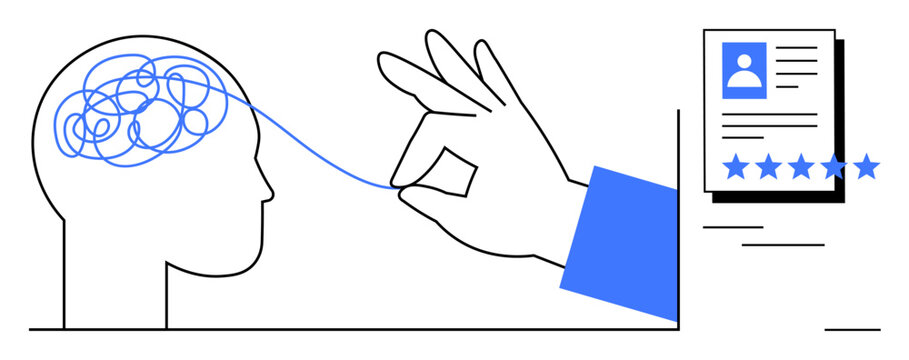 Line art hand untangling brain representing problem-solving, cognitive clarity, and evaluation, paired with profile and rating card. Ideal for mental health, hiring processes, self-development