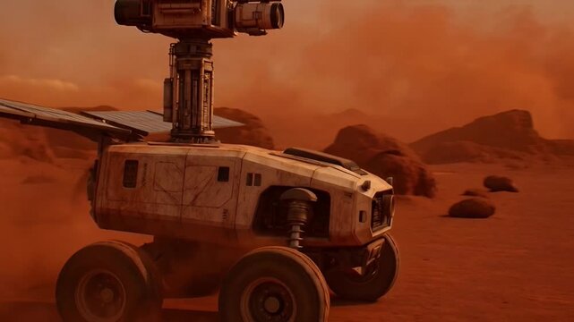 Martian exploration rover in the desolate red landscape of Mars, searching for signs of life