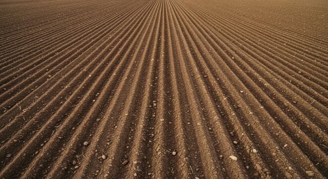 Geometric patterns of plowed agricultural field rows earthy tones and texture