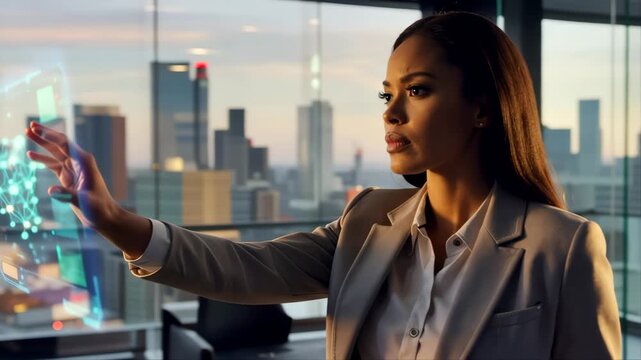A confident young professional businesswoman  in a corporate office with data hologram
