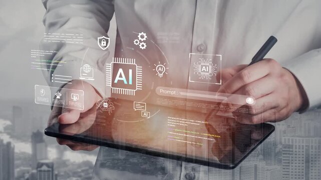 Business Professional Using Tablet with Artificial Intelligence Concepts and Software Development Icons in Modern City Environment Gluon.