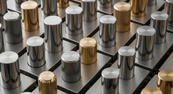 A close-up of many metallic knobs on a grid