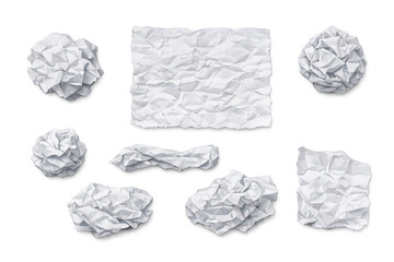Fototapeta premium Crumpled white paper balls and creased sheets creating texture elements, isolated on transparent background, symbolizing waste and mistakes