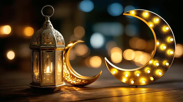 Elegant golden crescent moon and traditional lantern, defocused warm glowing light surrounded by, Ramadan Eid Islamic festive themes, with copy space