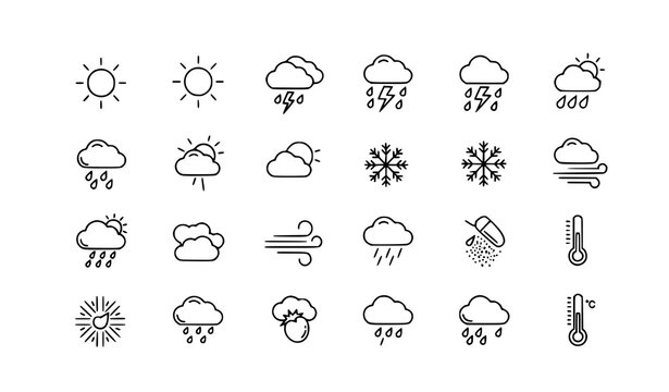 Minimal weather thin line icon set with sunny rainy cloudy and thermometer symbols