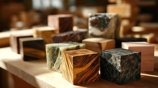Assortment of premium wood blocks, defocused unique grain patterns displayed, marble surface in sunlit woodworking shop, craftsmanship and natural beauty, with copy space