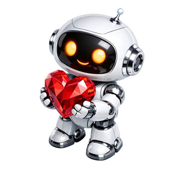 3D cute white robot character holding a faceted red crystal heart, AI love and empathy concept, friendly robotic mascot with gemstone heart, isolated on transparent background