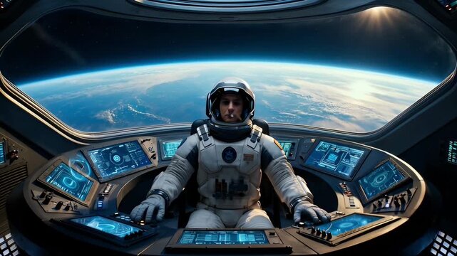 Astronaut piloting spacecraft with Earth and stars visible through cockpit window, futuristic dashboard displays