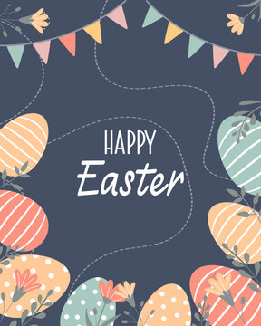 Happy Easter banner with decorated eggs, flowers and bunting flags. Festive vertical card for spring holiday.