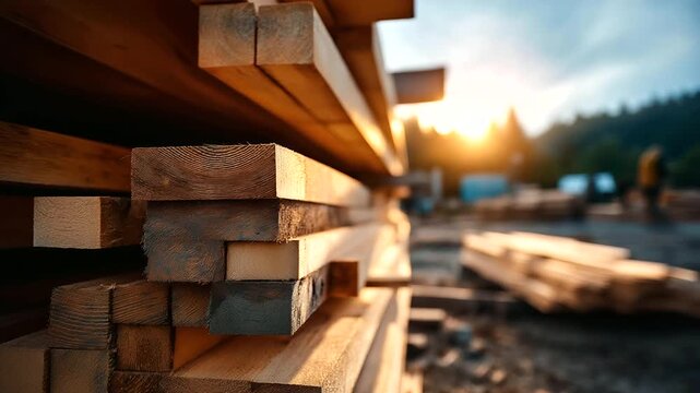 Large stacks of freshly cut wooden planks, defocused neatly piled at outdoor timber yard or sawmill, warm golden sunlight bathed, with copy space