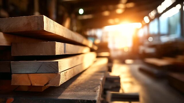 Stacked rough-cut timber planks, defocused warm golden sunlight bathed, bustling wood warehouse inside, natural textures and industrial production, with copy space