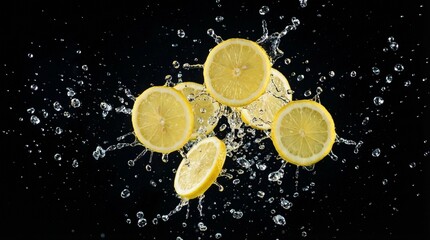 Fresh yellow lemon slices splashing into clear water drops isolated on a black background.