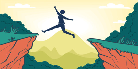 Business success concept illustration showing a businessman jumping over a cliff gap. Symbol of risk taking, courage, motivation, leadership, ambition, and overcoming challenges in business and life.