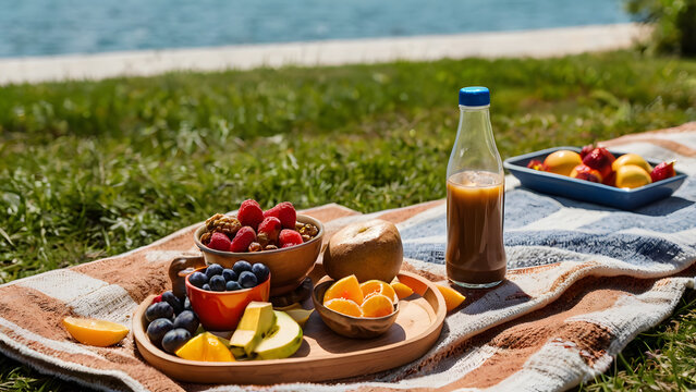 Bottle of iced coffee is displayed on picnic blanket with fruits and snacks bright fresh summer scene