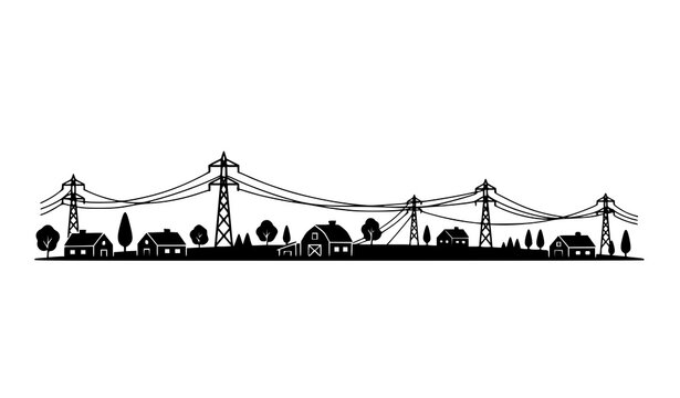 Rural Village Landscape Silhouette with Power Lines and Countryside Houses Vector