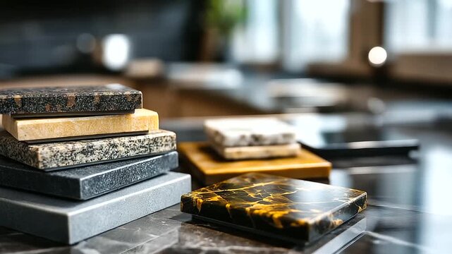 Collection of diverse natural stone countertop samples, defocused marble granite quartz, various colors and textures, interior materials, with copy space