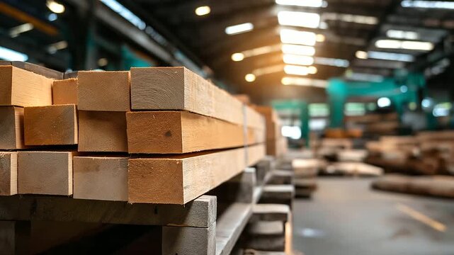 Stacks of freshly cut timber planks, defocused organized on pallets in large industrial warehouse or sawmill, construction and manufacturing supply, with copy space