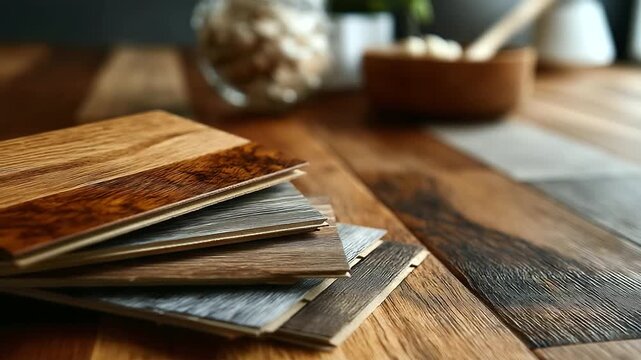 Assortment of wood flooring samples, defocused diverse textures and shades showcasing, home interior design, hardwood selection, with copy space