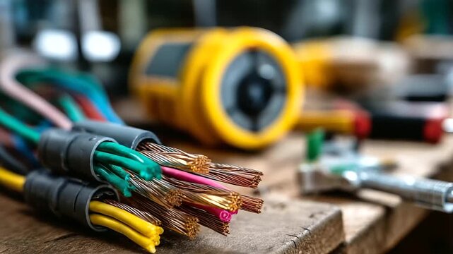 Vibrant electrical wires with exposed copper strands, defocused workshop background with tools like multimeter, ready for connection, electrical work symbolizing, with copy space